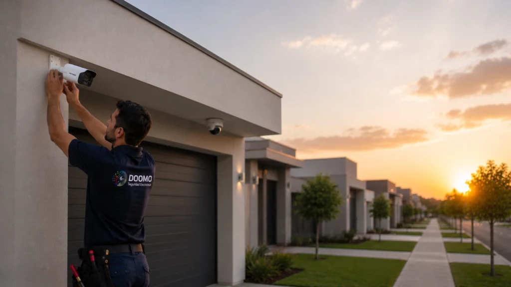 Técnico instalando cámaras de seguridad Hikvision en vivienda residencial de Villa María, Córdoba - Doomo Seguridad Electrónica