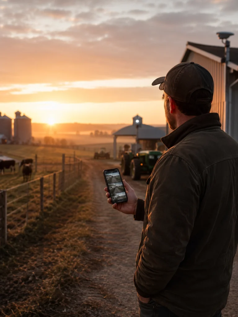 Productor agropecuario monitoreando cámaras de seguridad del campo desde un celular