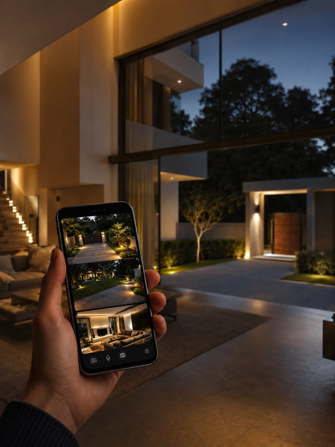 Persona monitoreando cámaras de seguridad de una casa desde un celular con sistema de videovigilancia inteligente