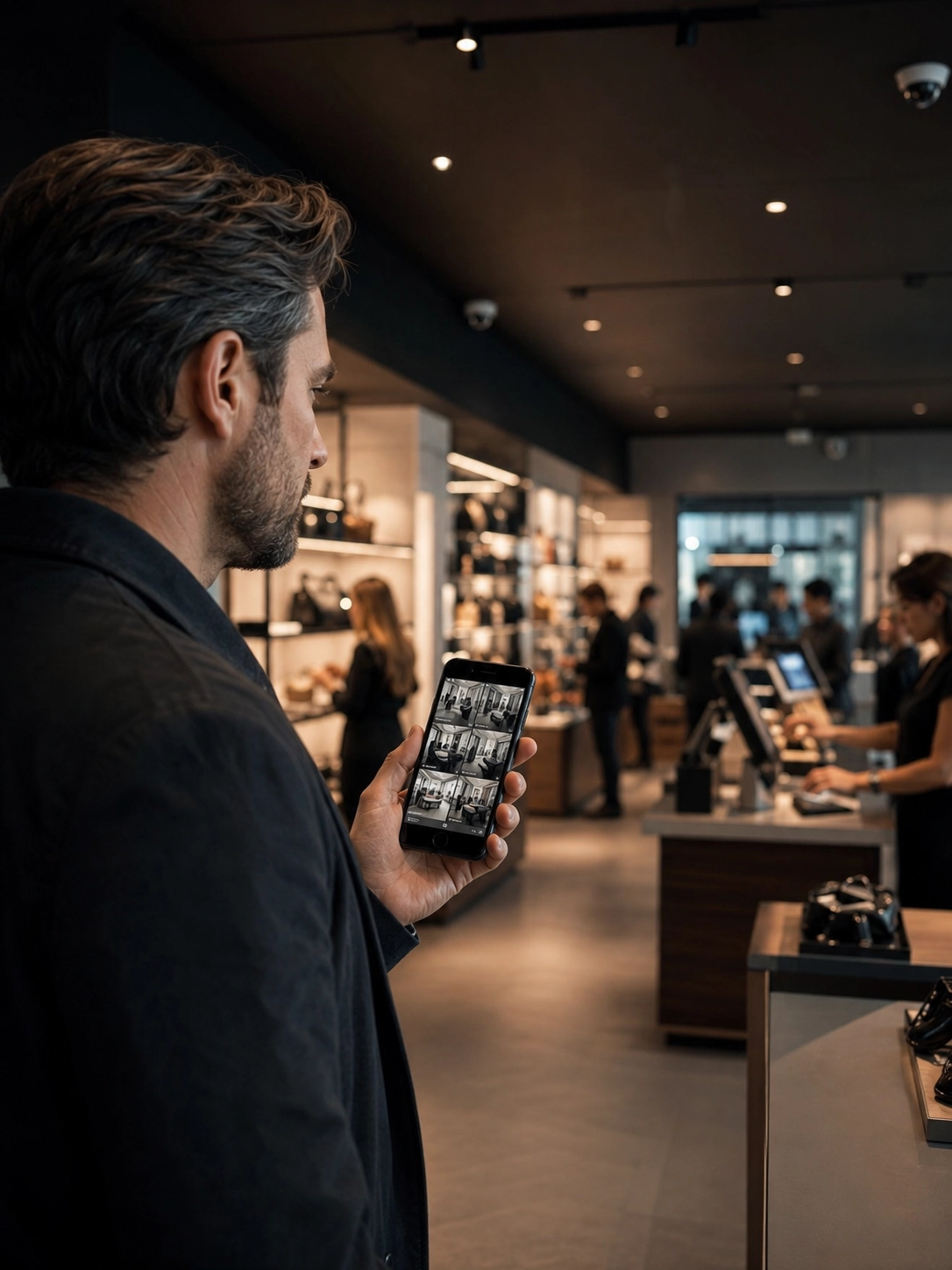 Dueño de comercio supervisando cámaras de seguridad del negocio desde un teléfono celular