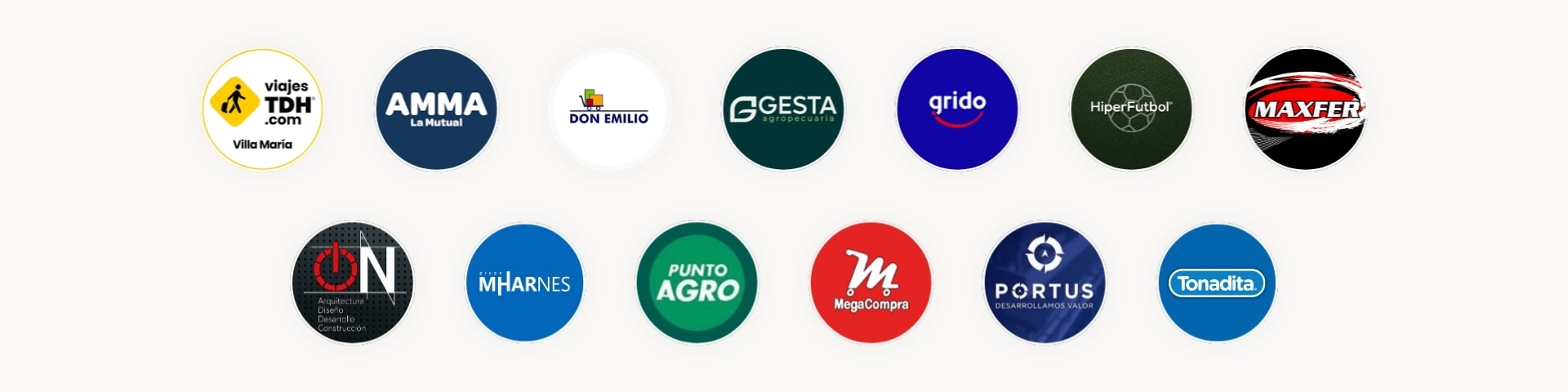 Logotipos de empresas de Villa María y la región que confían en Doomo Seguridad Electrónica para la instalación de cámaras de seguridad, alarmas Hikvision y sistemas de videovigilancia.
