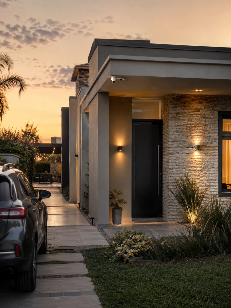 Casa moderna con cámaras de seguridad instaladas para proteger el frente, patio y accesos de una vivienda en Villa María, Córdoba.