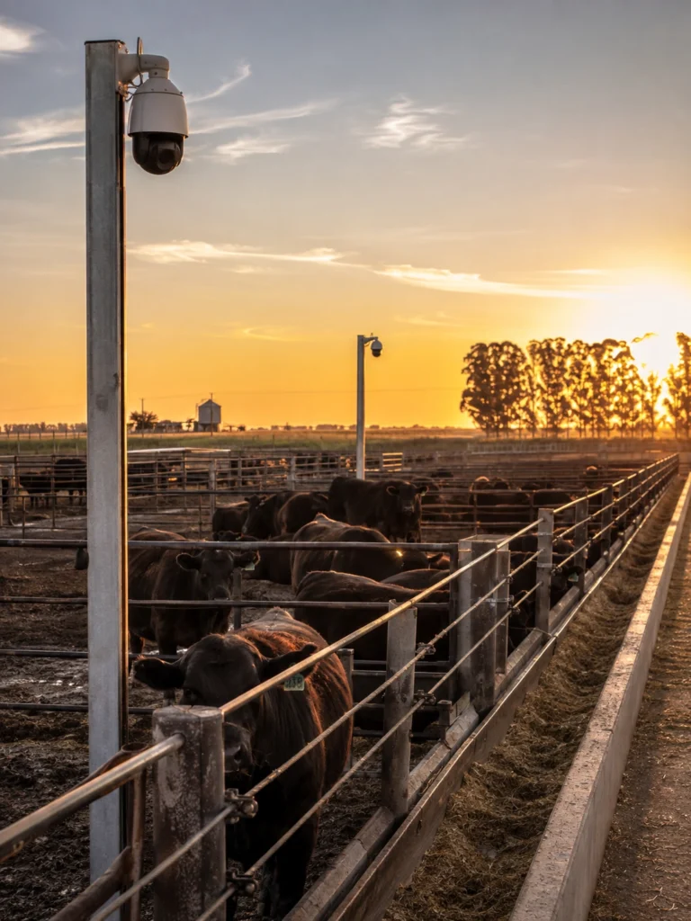 Feedlot con cámaras de seguridad Hikvision para monitorear corrales y accesos en Villa María, Córdoba.