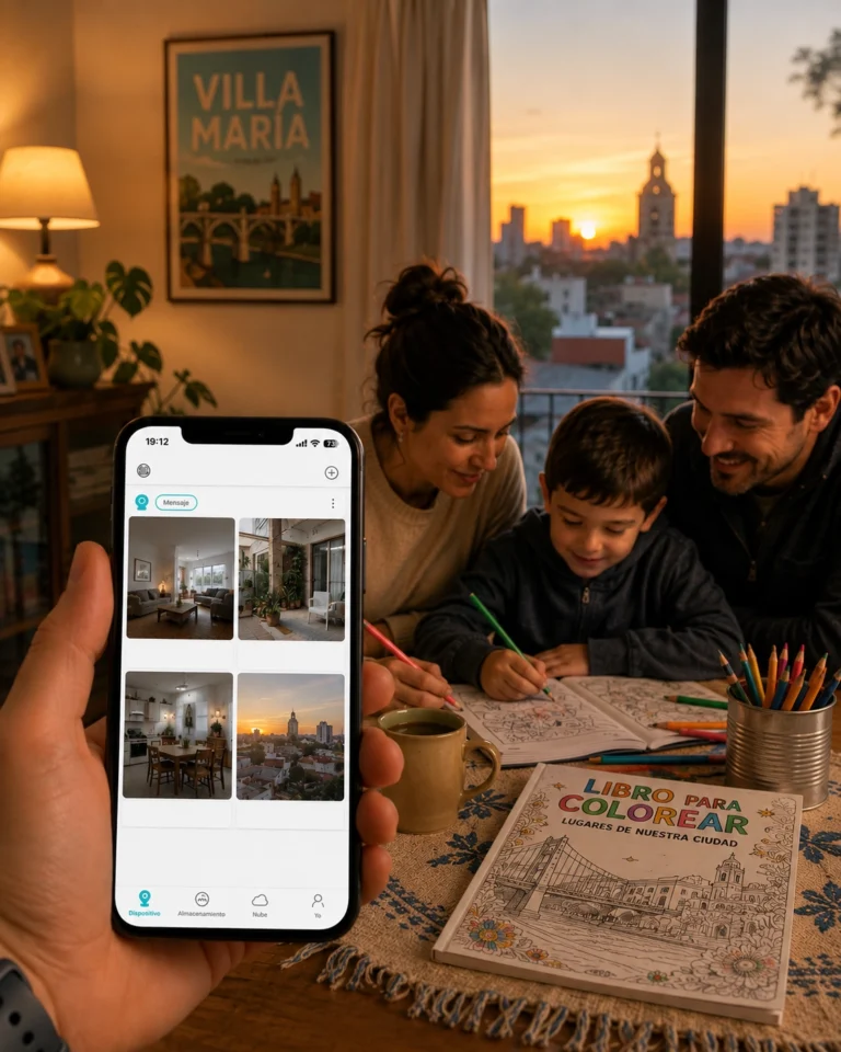 Familia en Villa María utilizando cámaras de seguridad para monitorear su hogar desde el celular