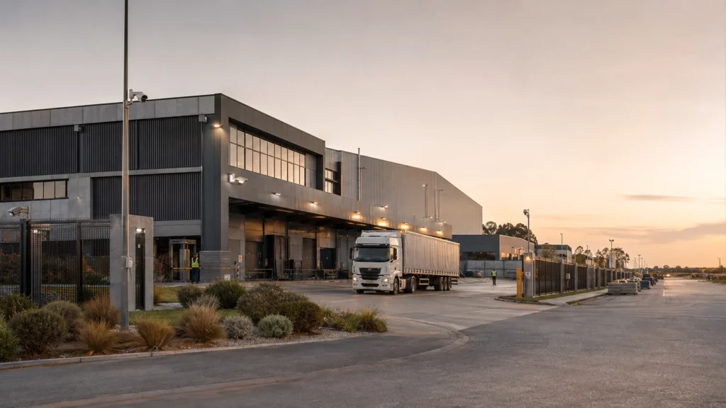 Planta industrial protegida con cámaras de seguridad en accesos, depósitos y áreas de carga en Villa María, Córdoba.