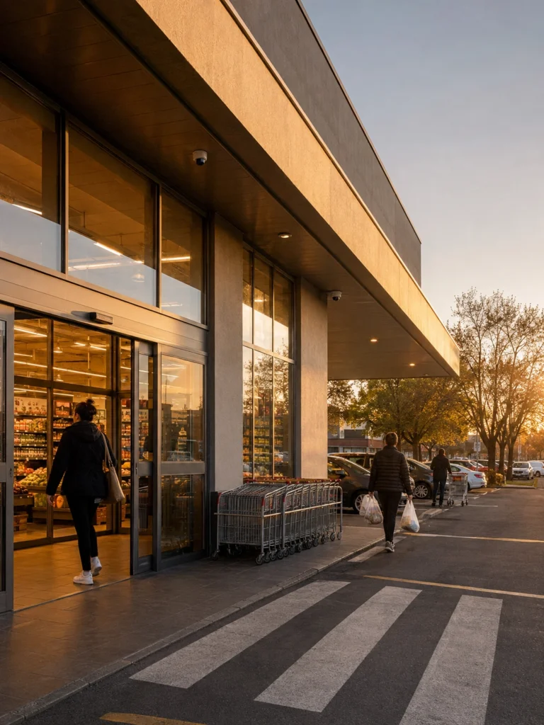 Supermercado con cámaras de seguridad para controlar accesos y estacionamiento en Villa María.