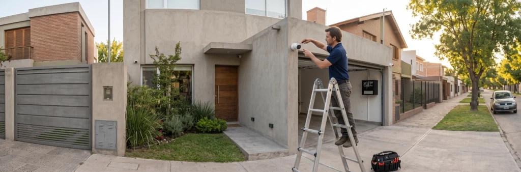 Técnico instalando una cámara de seguridad en una vivienda