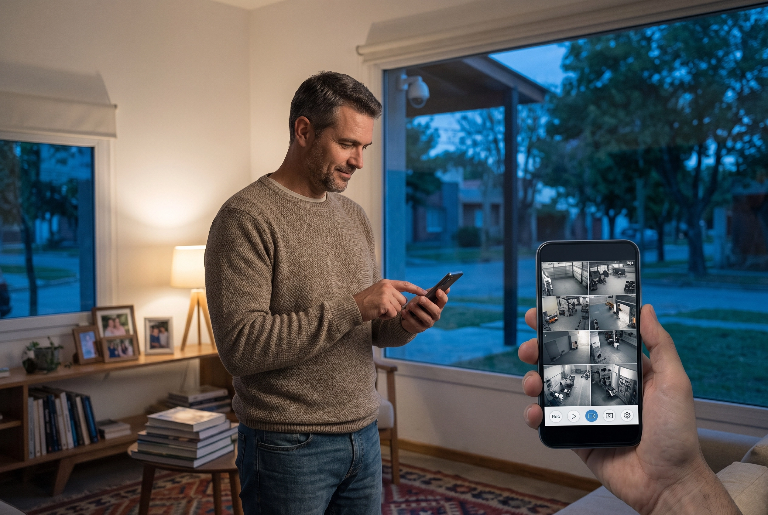 Persona viendo las cámaras de seguridad de su casa desde el celular